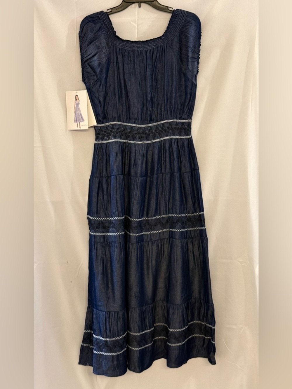 Navy Blue Tiered Maxi Dress with Tie Neck - Picture 2 of 5